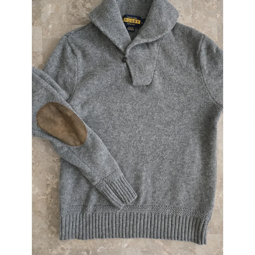 Vintage RALPH LAUREN RUGBY 100% WOOL‎ Knit Sweater SUEDE ELBOW Patch Mens Large